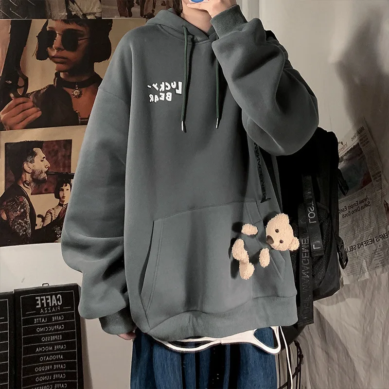 Fashion Hoodie Men Loose Print Cute Bear Hoodie Korean Winter New Style  Student Plus Velvet Fashion All-match Jacket - Hoodies u0026 Sweatshirts -  AliExpress
