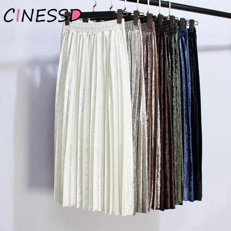 

White Long Pleated Skirt Autumn New Women Velvet Maxi Skirt Winter High Waist Elegant Tulle Long Pleated Party Skirt Mujer Saias