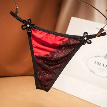 

Contrast Lace Thong Women's Thin Belt Sexy Silky Seamless Traceless Girl Panties Hollow Transparent Low Waist Seduction Thin Bel
