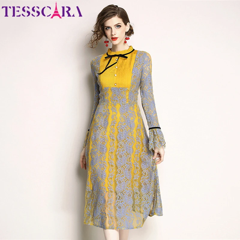 TESSCARA женское осеннее роскошное кружевное платье рубашка женская элегантная желтая роковая Высококачественная винтажная дизайнерская длинная вечерние платья