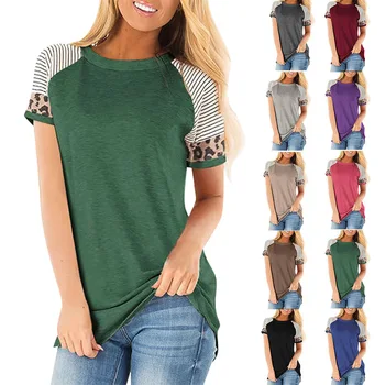 

Short sleeved top with round neck stripes and leopard-print splicing. Full sleeved T-shirt for women in summer 2020
