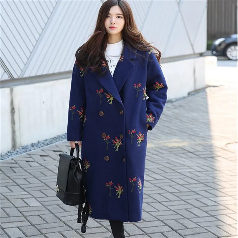 

Women 21.5% Wool Long Coat Flower Embroidery X-Long Jacket Loose Trench Coat Vintage Garment Double Breasted Blue 2019 Winter
