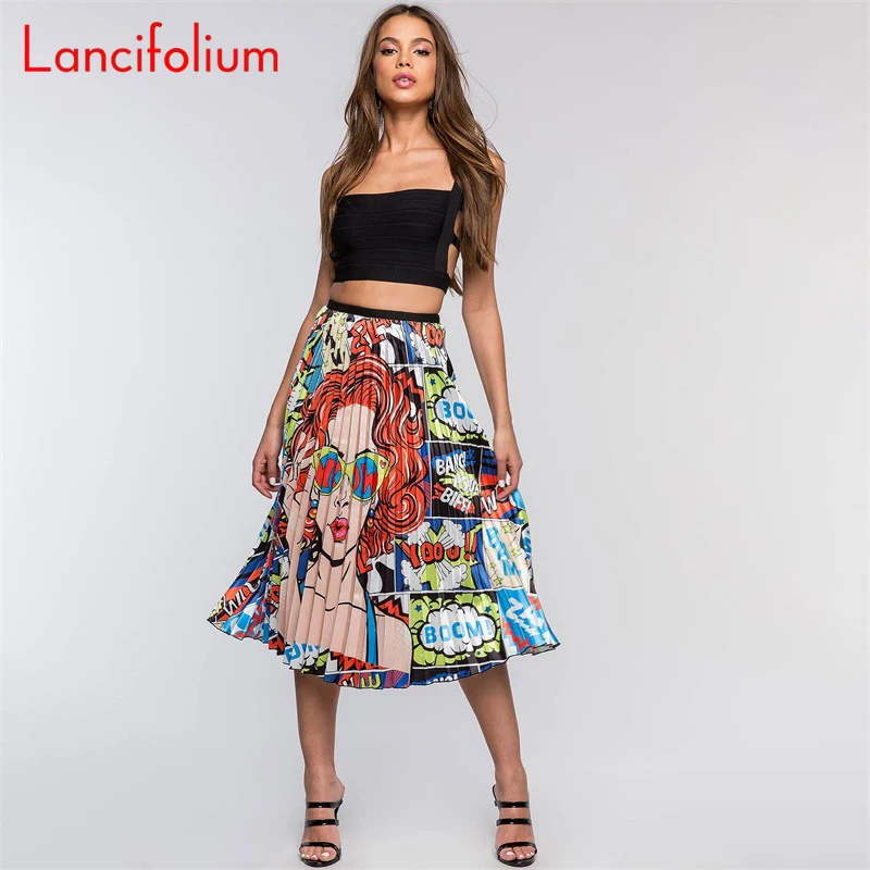 Graphic Print Pleated Skirt Women 2020 Summer Plus Size Sexy Skirt