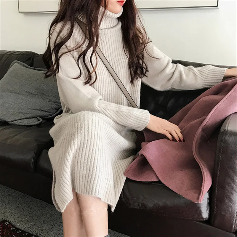 

Women Dress turtleneck Long Sleeve Solid Color Casual cashmere Dresses Lady Robe Dresses High collar Large size long sweater