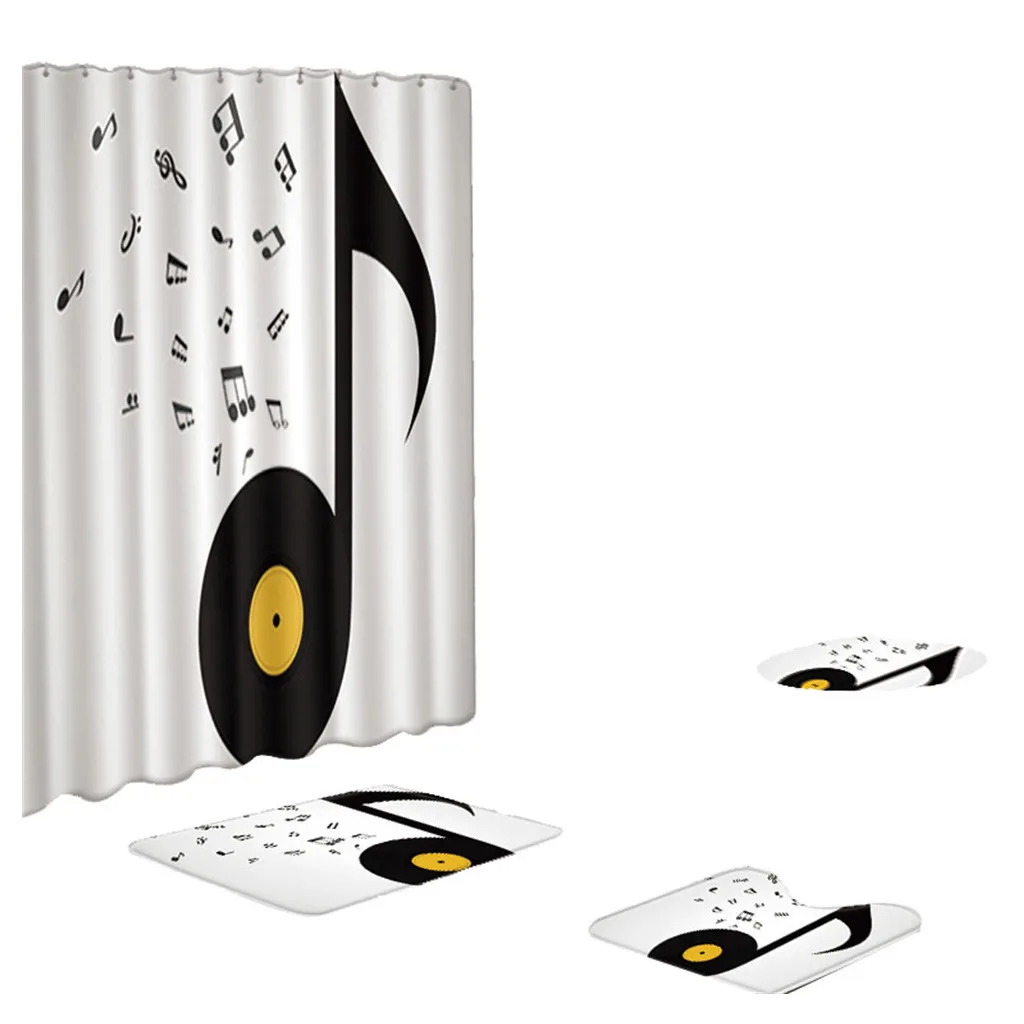

4 Pcs Color Music Notes Pattern Non Slip Toilet Polyester Cover Mat Set Bath Rug Mat Set Bathroom Accessories Shower Curtain Set