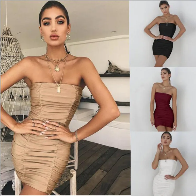 

Off The Shoulder Night Club Warp Dress 2019 Women Strapless Backless Package Hip Dress Vintage Sleeveless Pleated Beach Dress