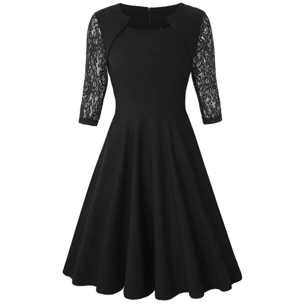 Summer Elegant Office Women Dress Square Collar 3/4 Sleeve Vintage Floral Lace Swing Dress Black Business Work Dress Vestidos