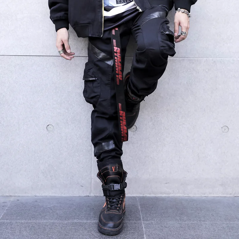 Черные брюки карго мужские и женские кожаные Лоскутные тактические брюки осенние многокарманные хип-хоп брюки Модные уличные W0093