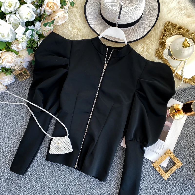 Neploe French Retro Stand Collar Puff Long Sleeve Blusas Slim Fit Zipper Pleat Blouse Autumn Spring 2020 New Solid Shirt 47913
