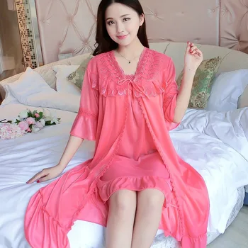 

2PCS Silk Satin Sexy Lace Lingerie Nightgowns Robes Sets for Women 2020 Summer Bathrobe Sleepwear Nightdress Night Dress Nighty