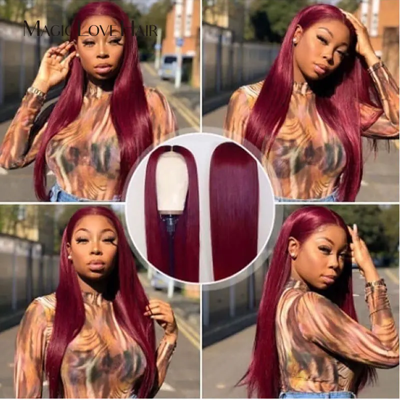 Magic Love 13x6 Lace Front Human Hair Wigs Pre Plucked With Baby Hair Brazilian Straight 99J Wigs For Black Women