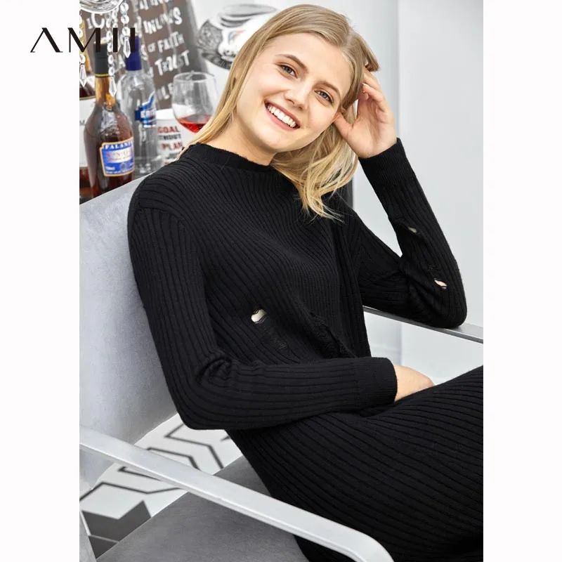 

Amii Minimalist Hollow Out Knit Dress Winter Women Solid Slim Fit Female Pullover Dresses 11870519