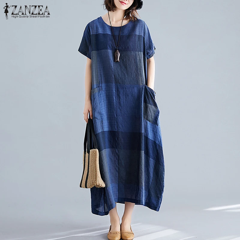 Casual Dress Robe Maxi Vestidos Plaid Female Zanzea Fashion Plus-Size Check Womens Short-Sleeve