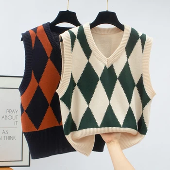 

2020 Spring And Autumn New Korean Retro V-neck Large Size Knitted Vest College Wind Vest Sweater Female Students Wear