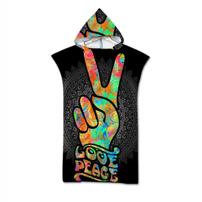 Adult Kids Microfiber Quick Drying Peace and Love Pattern Absorbent Hooded Beach Bath Towel Diving Suit Changing Robes Poncho 3