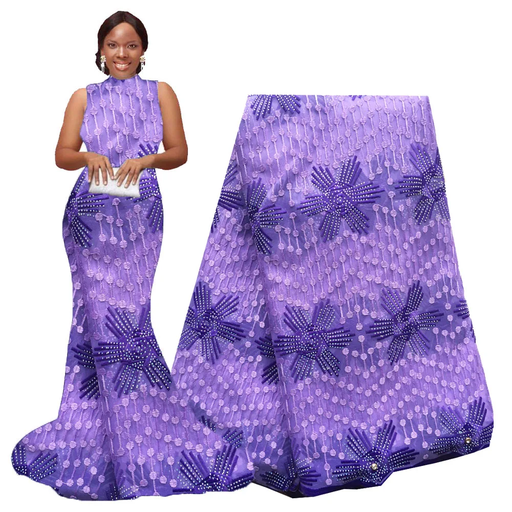 

Lavender Purple African milk silk lace fabric Embroidered Nigerian Tulle Lace Fabric With Plenty Stones For Wedding Dresses