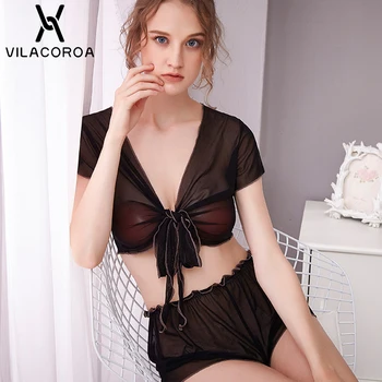 

Transparent Sexy Pajama 2 Piece Set Women Summer Sleepwear V Neck Short Sleeve Top High Waist Shorts Set Home Clothes Nightsleep