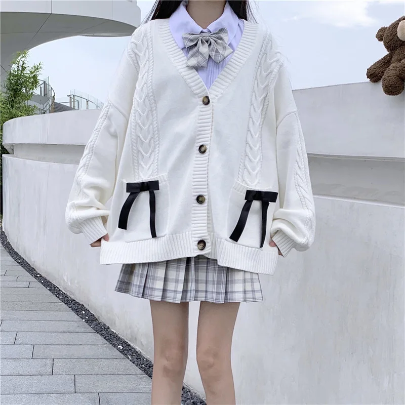 

Japanese Preppy Style Bow Knit Cardigans Female Autumn Winter White Sweater V-Neck Long Sleeve Loose Twist Knitted Sweater Women