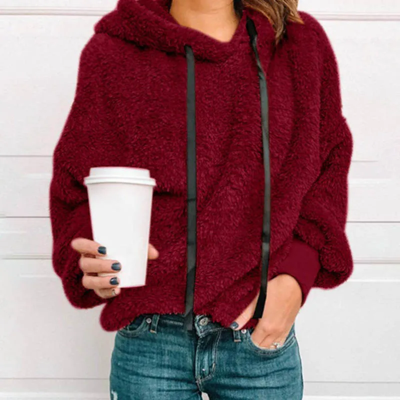 

Womens Hoodies Solid Color Plush Loose Sweatshirt Large Size Hooded Long Sleeve Casual Female Tops
