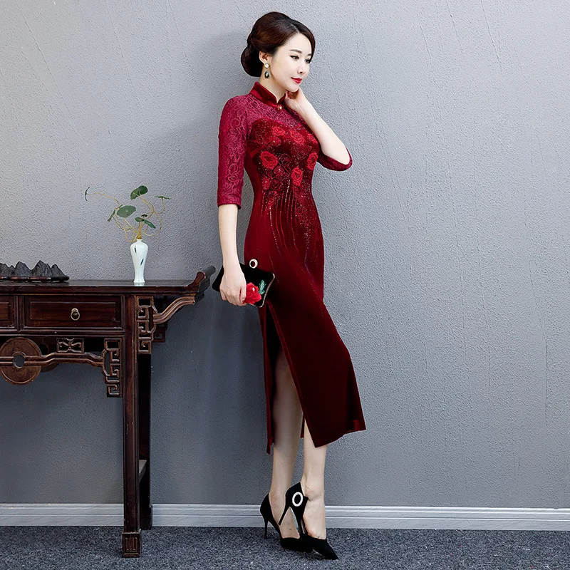 Новое Женское платье в стиле ретро; в национальном стиле мать cheongsam Длинные Вышивка Горячая алмаз Улучшенный китайский платье-чонсам