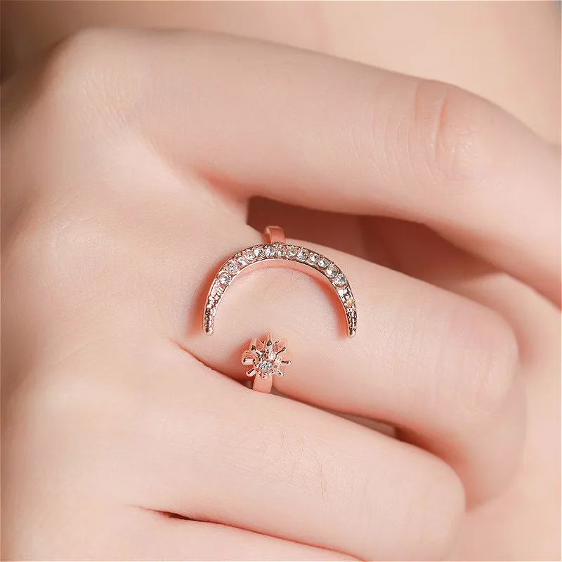 HOBT Crescent Moon Ring Gold Plated CZ Star Moon Adjustable Open Rings for Women Girls