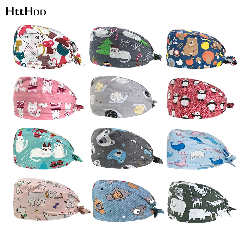 

Multicolor Cotton Tie Back Scrubs Caps Cartoon Print Adjustable Lab Work Hat Unisex Pet Beautician Scrubs Hats spa Scrubs Hats
