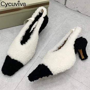 

Designer Woolfur Sandals Women Square Toe Mules Slingback Party Shoes High Heel Fur Sandals Women Brand Shoes Sandalias Mujer