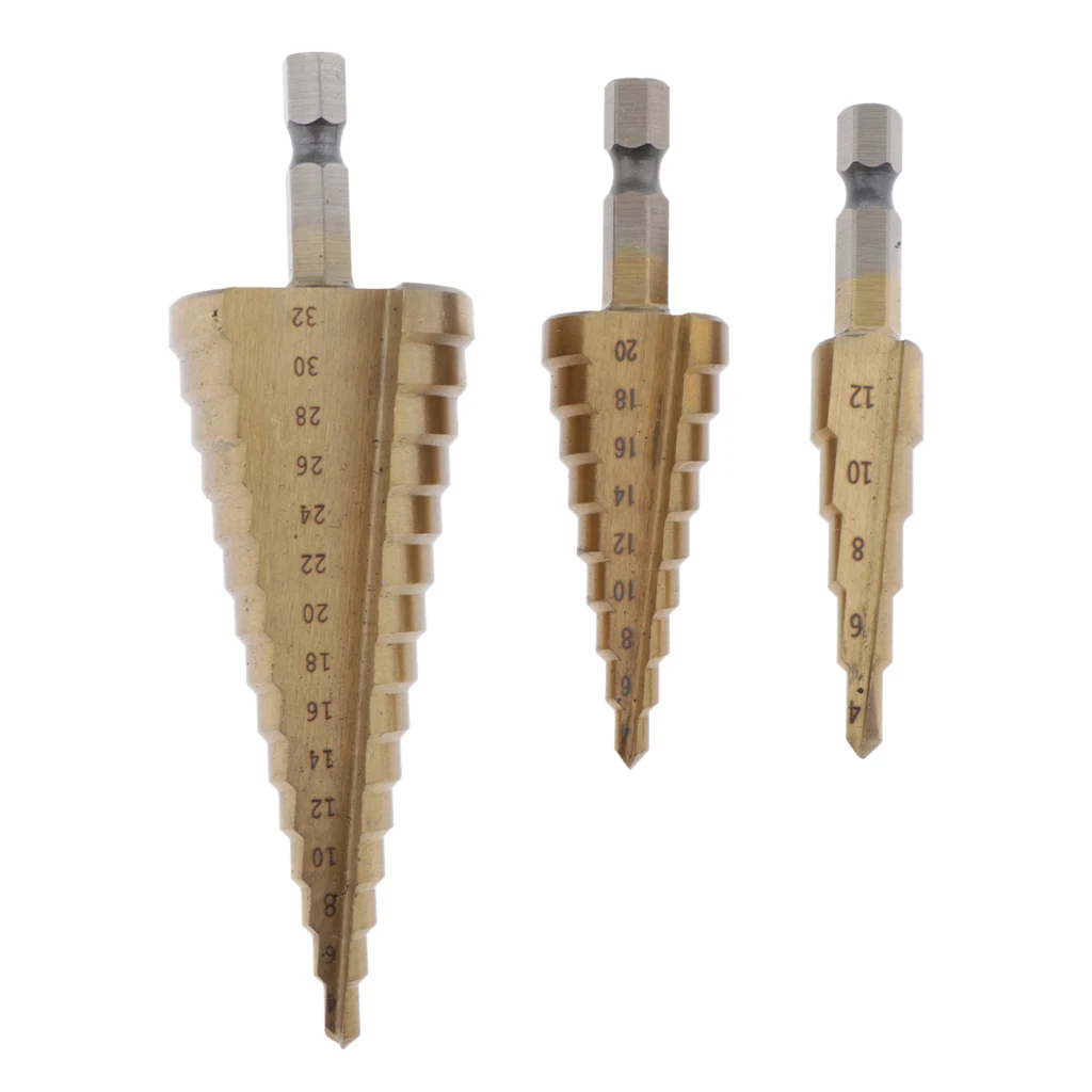3 Pieces Titanium Coated HSS Step Drill Bit Set Hex Shank Kit for Iron Plate, Aluminum, PVC Board 4mm to 32mm