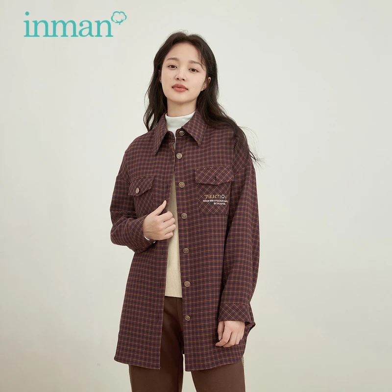 INMAN Women's Blouse Autumn Winter Casual Classic Plaid With Belt Pocket Buttons Loose All-match Thick Shirt canyon wired optical mouse with 3 buttons dpi 1000 with 1 5m usb cable dark grey 65 115 40mm 0 1kg