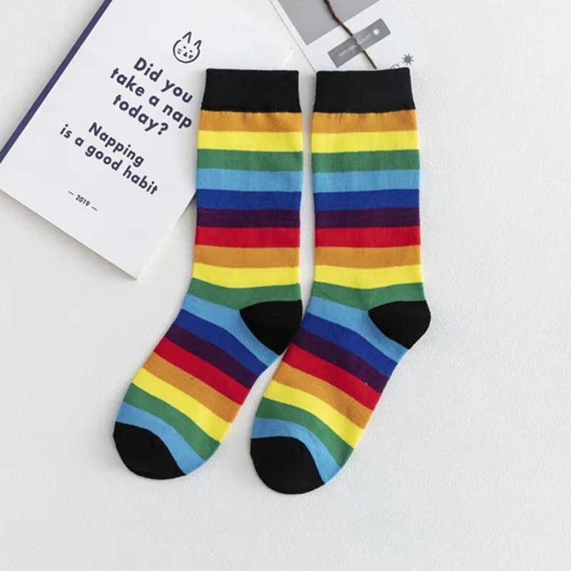 Модные Полосатые радужные носки для мужчин и женщин, парные японские хлопковые носки, трендовые спортивные носки, уличные носки, гольфы - Цвет: black