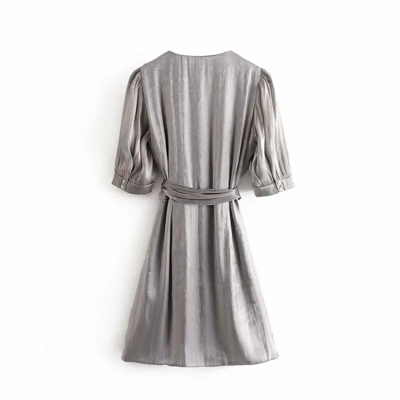 Женское облегающее платье в металлическом стиле, элегантное женское платье с v-образным вырезом и коротким рукавом, ТРАПЕЦИЕВИДНОЕ мини-платье, летнее платье HHWM2337