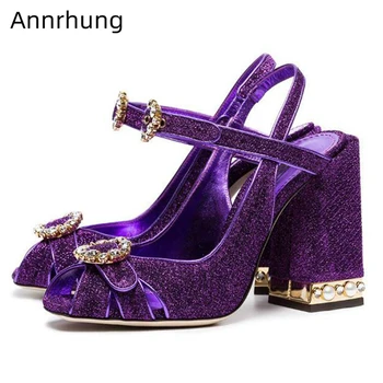 

Crystal Round Buckle Decor Gladiator Sandals Women Square Chunky Heel Peep Toe Ankle Strap Rhinestone High Heel Sandalias Mujer