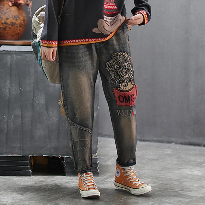 

Women Jeans Autumn Retro Large size Loose Denim Pants 2019 New Female Elastic Waist pocket Embroidery Patchwork Vintage Pants