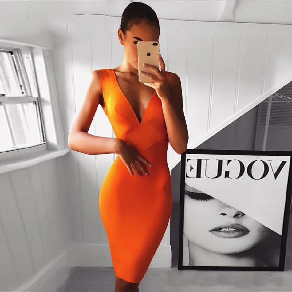 2020 Summer New Bodycon Bandage Dress Women's Solid Color Sleeveless Deep V-Neck Sexy Nightclub Celebrity Party Vestidos | Женская