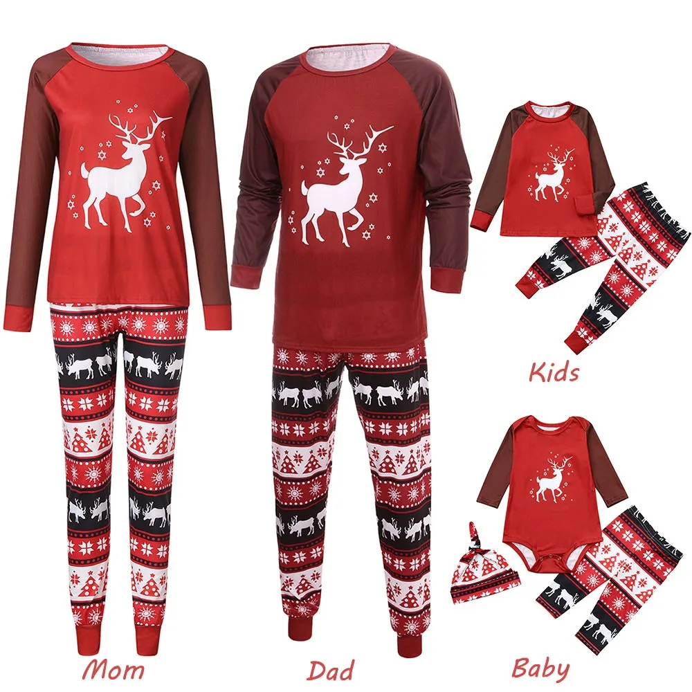 2PCS Family Christmas Pajamas Suit For Lady Mom Pajamas Cartoon Deer Print Top+Pants Happy Family Clothes Sleepwears