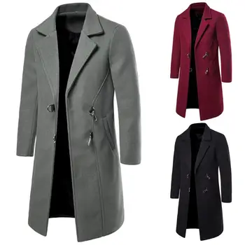 

Winter Woolen Coat Men Fashion Iron Ring Buckle Long Sections Thick Lapel Coats Mens Pure Color Casual Warm Jackets Overcoat