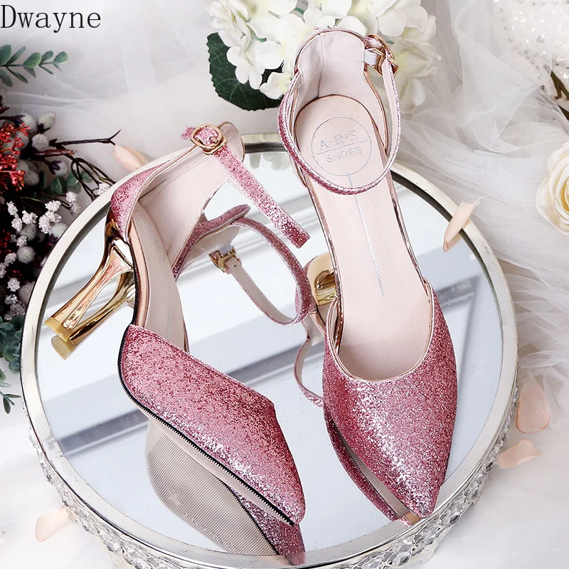 

Light stiletto shoes 2019 new female sequins hollow pointed high heels