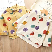 Блузка для девочек, одежда для малышей Новая Осенняя детская рубашка в горошек Детские футболки с длинными рукавами и отложным воротником топы для девочек
