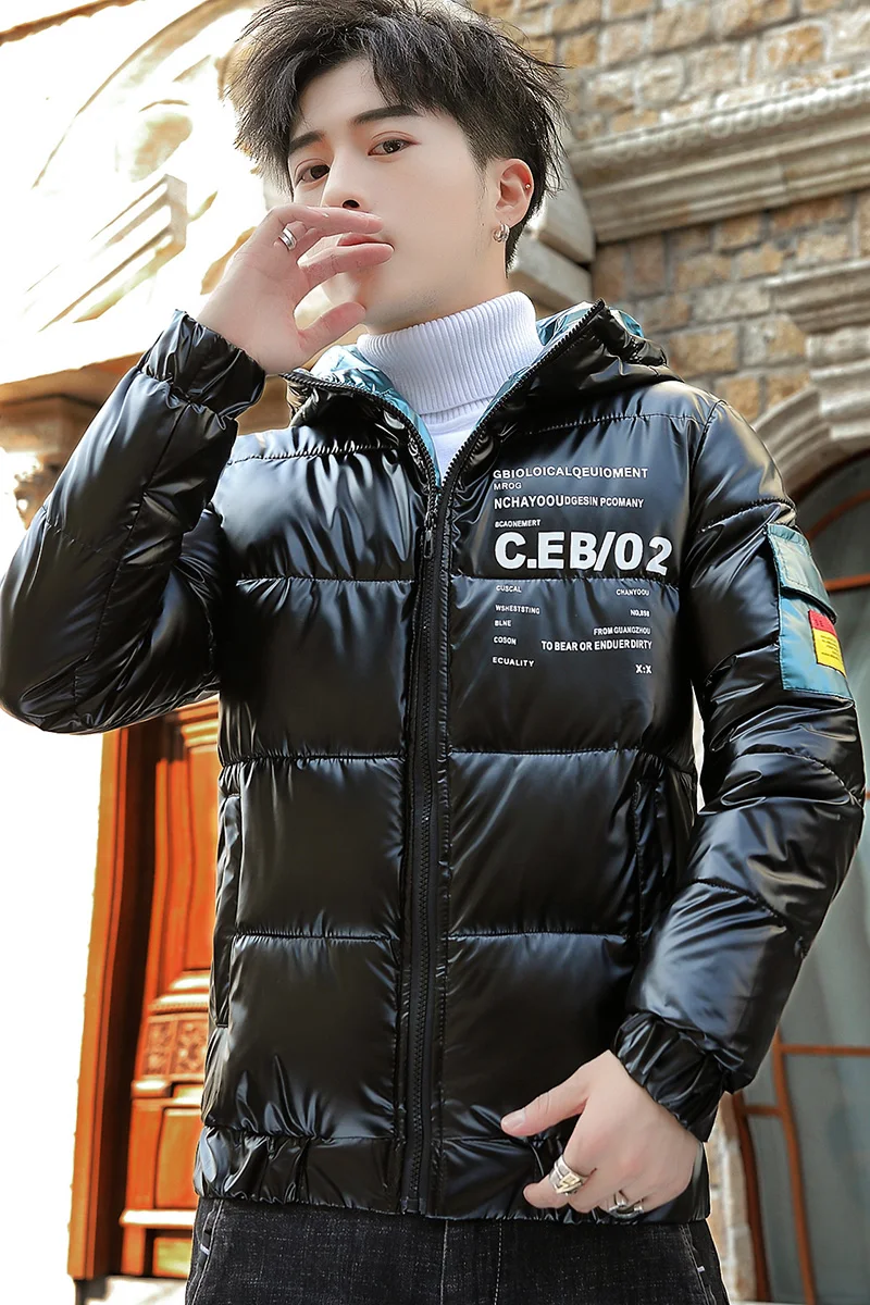Men Parkas Cotton-padded Clothes Winter Thick Warm Bright Leather Jacket Korean Y2K Streetwear Fashion Harajuku Casual Coat