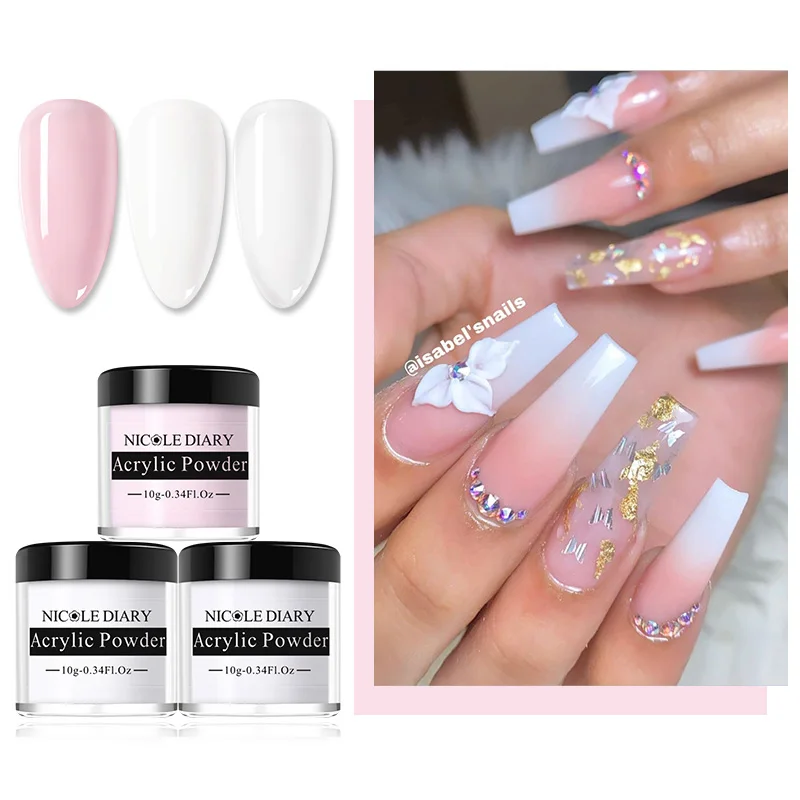 NICOLE DIARY 10ml Acrylic Powder Liquid Set Pink White Clear Crystal Nail Glitter French 3D False Nail Tips Extension Mold Kit