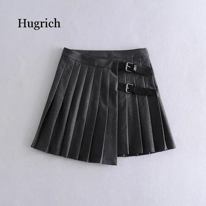 Women Sweet Buckle Decoration Solid Pleated Mini Skirt Faldas Mujer England Style Female Casual Slim Chic Vestido 2021 leather pleated short skirt women y2k motorcycle style streetwear metal letter decoration low waist zipper skirt party clubwear