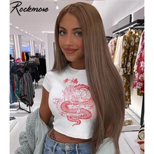 Rockmore белая футболка с принтом китайского персонажа дракона, Женская облегающая Повседневная футболка, женская уличная футболка, летняя футболка