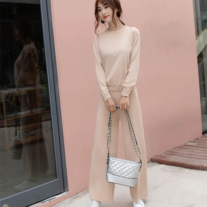 

2020 Autumn Winter New Pattern Female knitting 2 Piece Set Women Fashion Knitting Sweater Pullover+Leisure Wide leg Pants Set