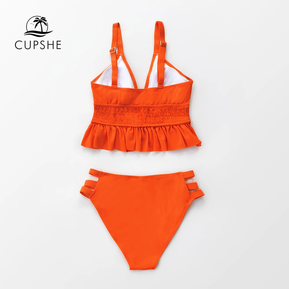 CUPSHE оранжевый Smocked гофрированный пикантный комплект бикини купальник Tankini купальник из двух частей для женщин пляжные купальные костюмы Biquinis