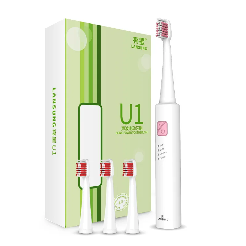 Pink Lansung U1 звуковая зубная щетка 4 сменная зубная щетка насадки зубная щетка перезаряжаемая зубная щетка для взрослых детская электрическая щетка - Цвет: Pink