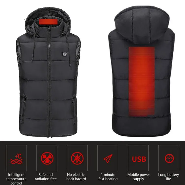 

Winter Electric Heated Vest Jacket Men Women Warm USB Charging Cotton Smart Heating Vests Hooded Electric Heating Waistcoat