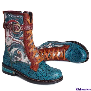 

Botas Mujer Embossed Genuine Leather Splicing Fancy Pattern Lace Up Zipper Flat Short Boots Ladies Shoes Women Winter