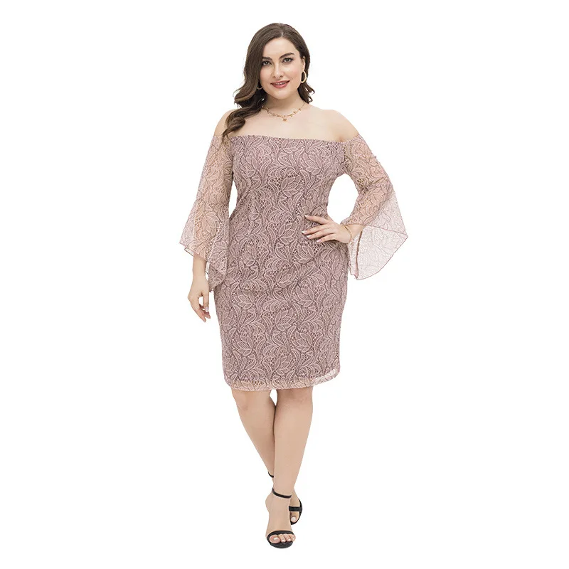

Slash Neck Flare Sleeve Sexy Lace Dress Plus Size Women Dresses Elegant Cold Shoulder Sexy Party Night Dresses Female Robes