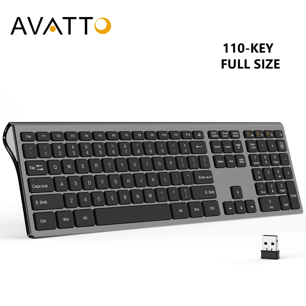 

AVATTO Ultra-Slim Mute Design, Full-size 2.4GHz Wireless keyboard with Scissors Switch for Windows XP / Vista/ 7/ 8/ 10, Mac OS
