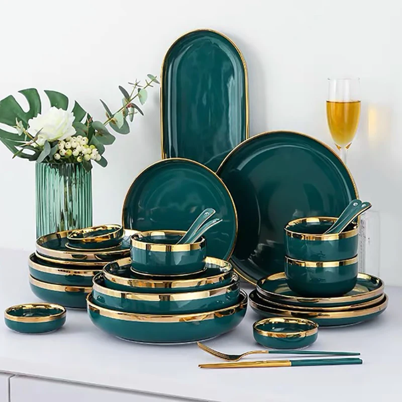 Ceramic Dinner Plates Dinnerware Set Dishes Luxury Green Food Dessert Plate Salad Soup Bowl Tableware Set for Restaurant Hotel 1